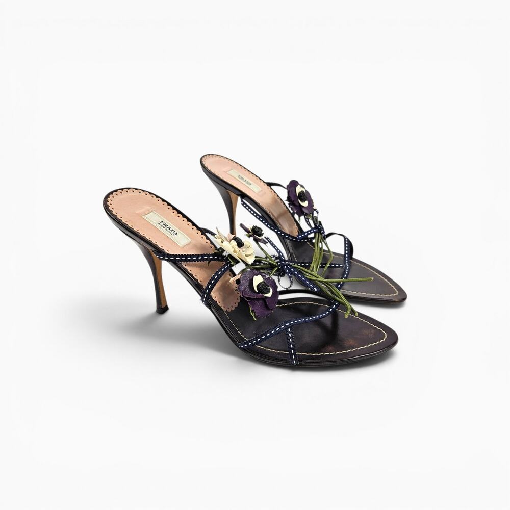 Vintage Prada Heels Leather Flower Mules Y2k - Size 37 (7) - Picture 3 of 7